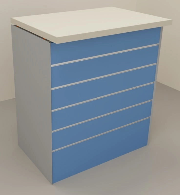 Banco vendita per negozio in metallo con pannello dogato frontale cm. 92x64x106h