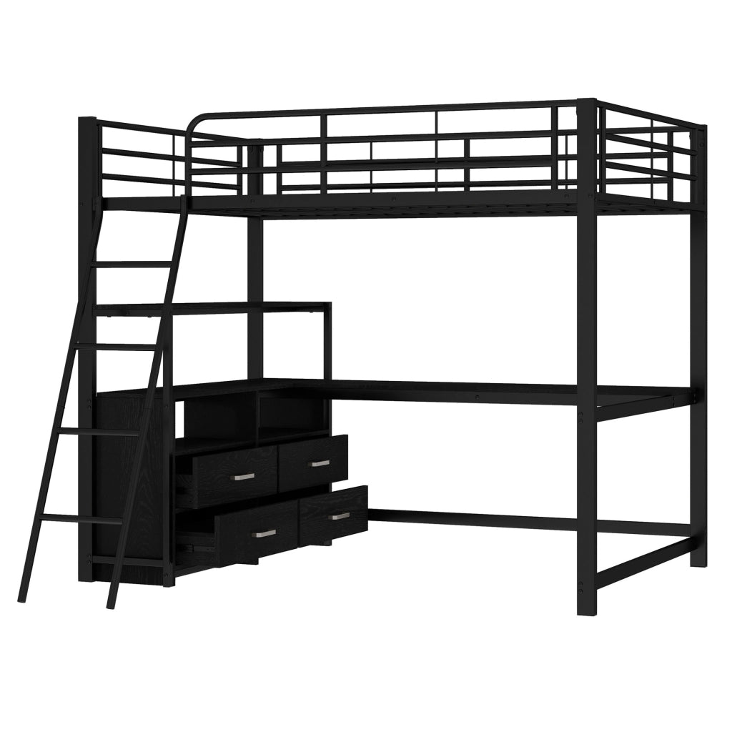 Letto a castello nero in metallo e MDF con scrivania a L e cassetti 140x200 cm