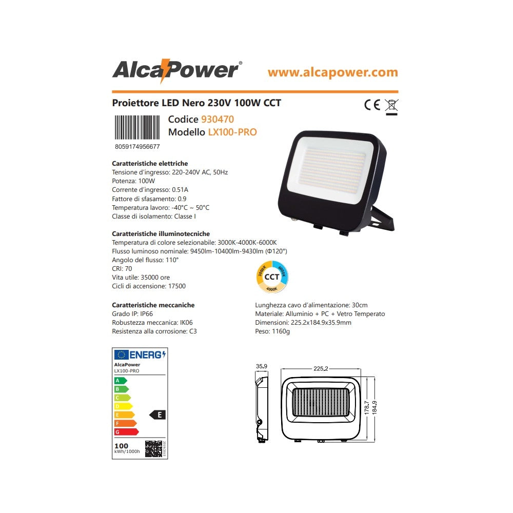 Alca power lx100-pro proiettore led da 100w a 220-240v temperatura di colore e flusso luminoso regolabile