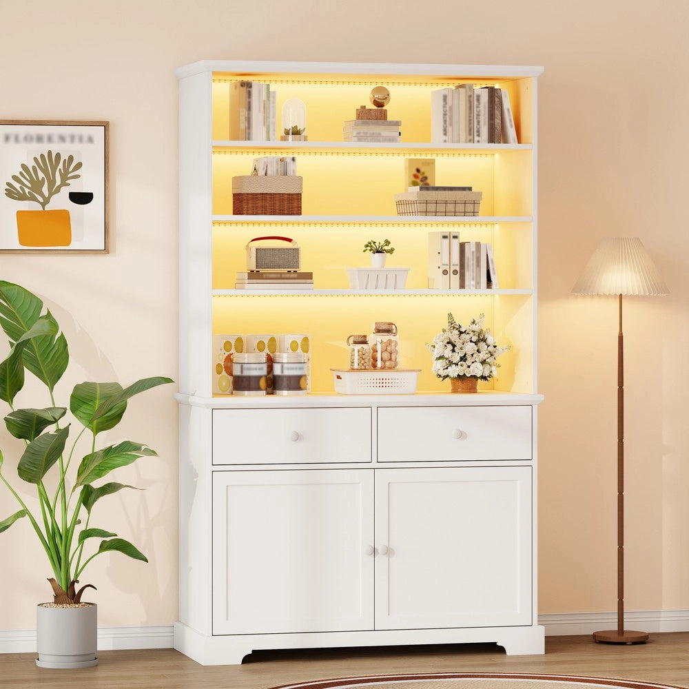 Scaffale vetrina con LED - Zephmum- 100x38x170cm Bianco con ante e cassetti