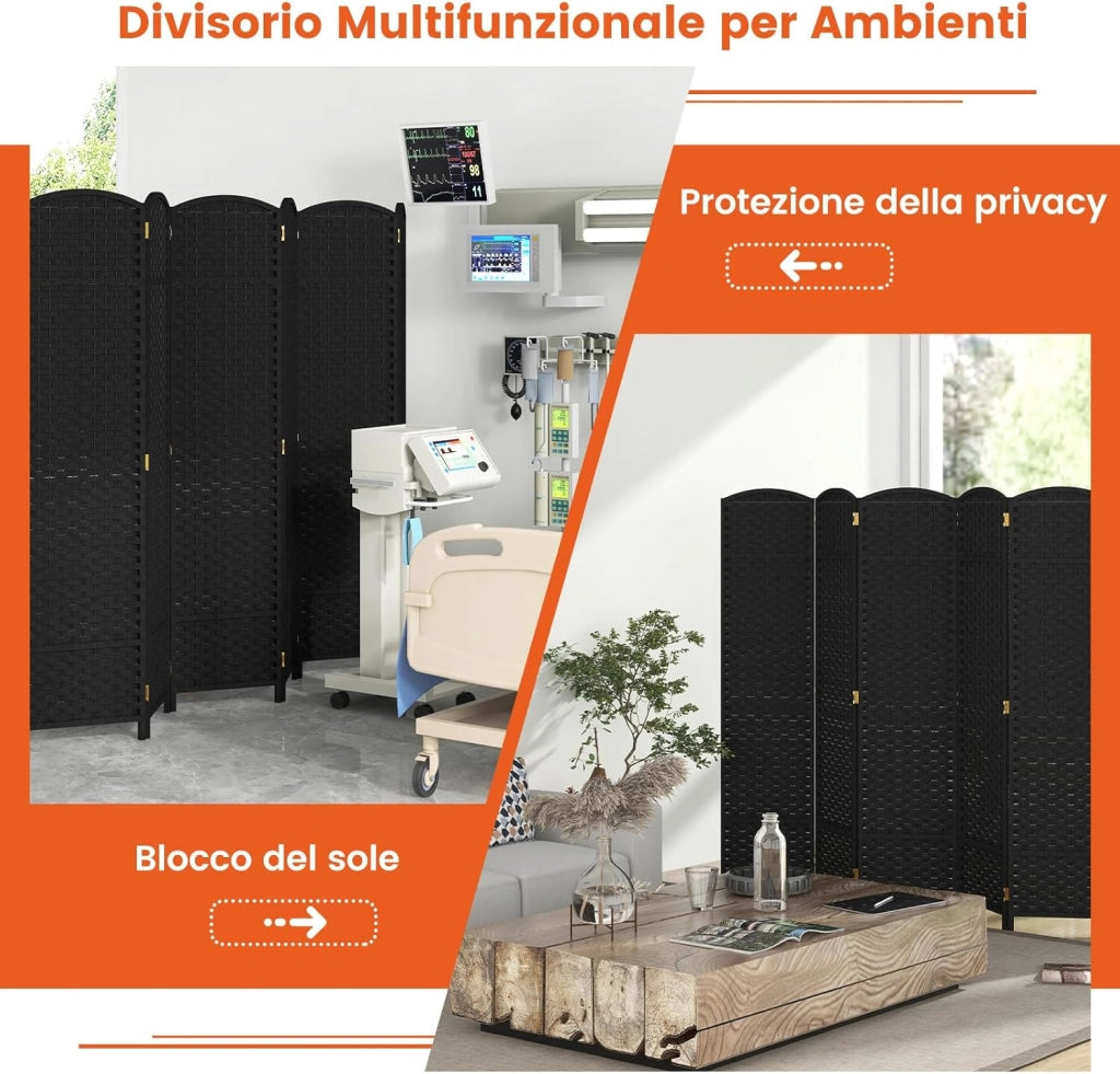 Paravento Pieghevole a 6 Pannelli, Pannelli Divisori da Interno con Texture Intrecciata a Mano e Telaio in Legno, Separé Divisorio a Parete Autoportante per Casa, Ufficio e Negozio (Nero)