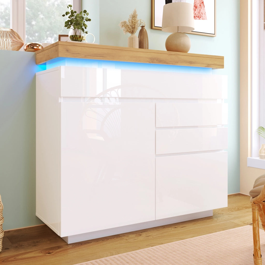Credenza lucida con 2 ante e 3 cassetti, LED e ripiani regolabili, bianca 110 × 39 × 115 cm