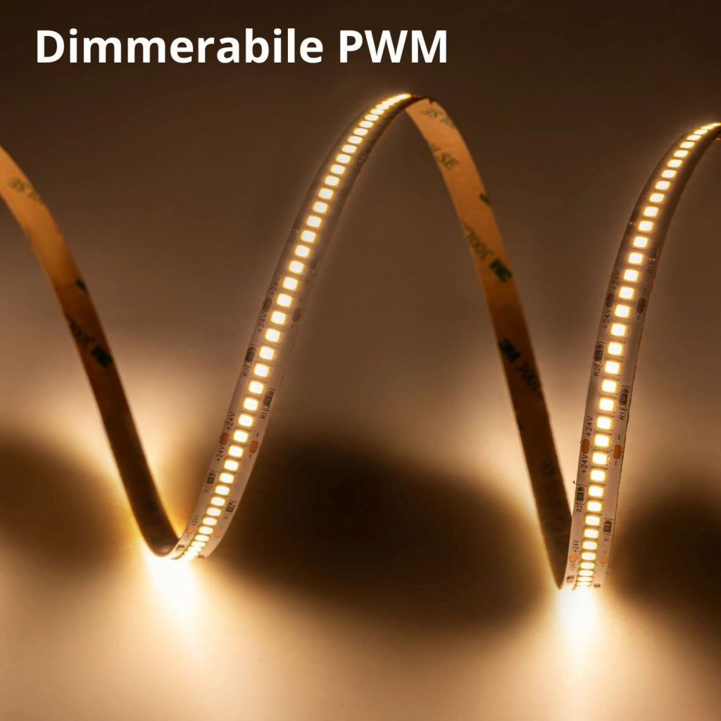 Striscia LED SMD 2835 24V, 5 Metri, Larga 10mm, Caldo 3000K, Super Luminoso 24W/M 4000LM/M 160LM/W 240SMD/M, Dimmerabile PWM, Tagliabile ogni 33mm, IP20, CRI>80