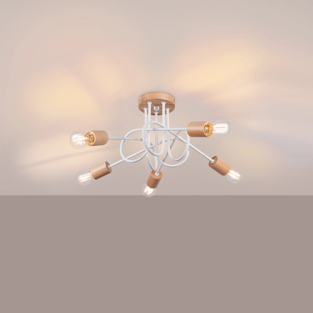 Lampadario loft ad anello bianco/legno 5xE27 Brazza