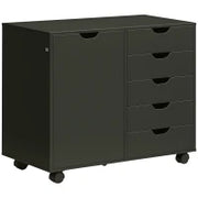 Mobile portaoggetti da scrivania con 5 cassetti 1 porta ripiano regolabile, supporto stampante su ruote, 78x40x66,5 cm, nero