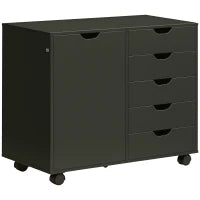 Mobile portaoggetti da scrivania con 5 cassetti 1 porta ripiano regolabile, supporto stampante su ruote, 78x40x66,5 cm, nero