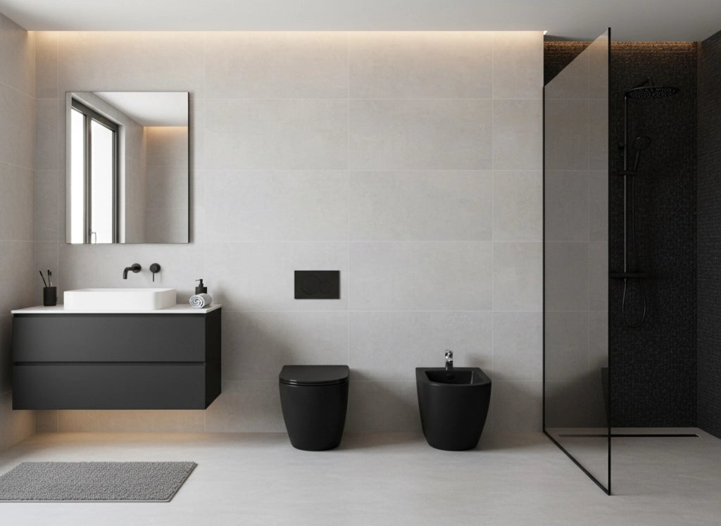 Sanitari a Terra Filo Muro Wc Bidet Copriwater Sof Close Nero Bent Rimles