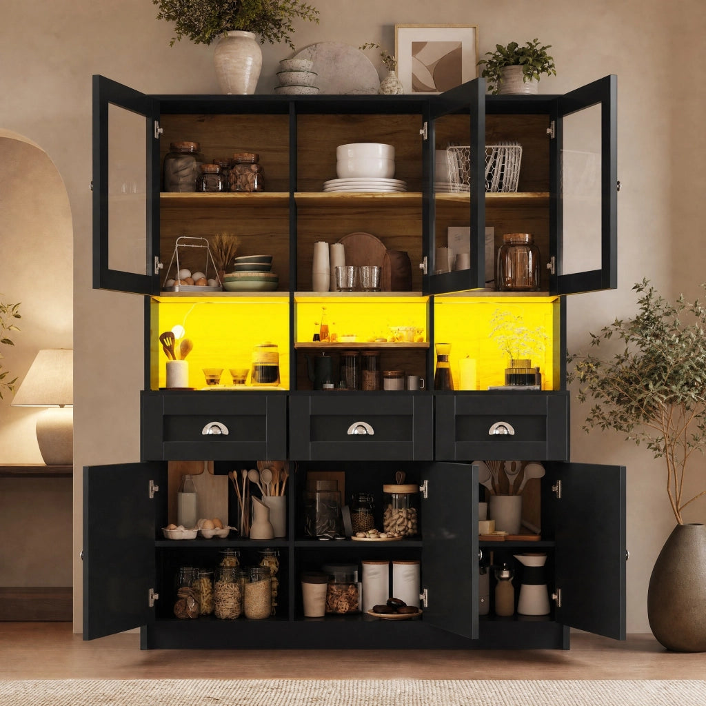 Credenza alta da cucina 140x40x175 cm con LED; 3 cassetti e ripiani regolabili; nera