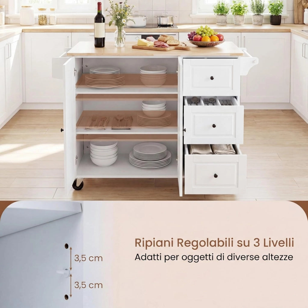 Carrello da Cucina in Legno, Carrello Isola Cucina con Ripiano Ribaltabile, Ruote, 3 Cassetti e Armadietto, Porta Spezie e Asciugamani, 129,5x76x93 cm