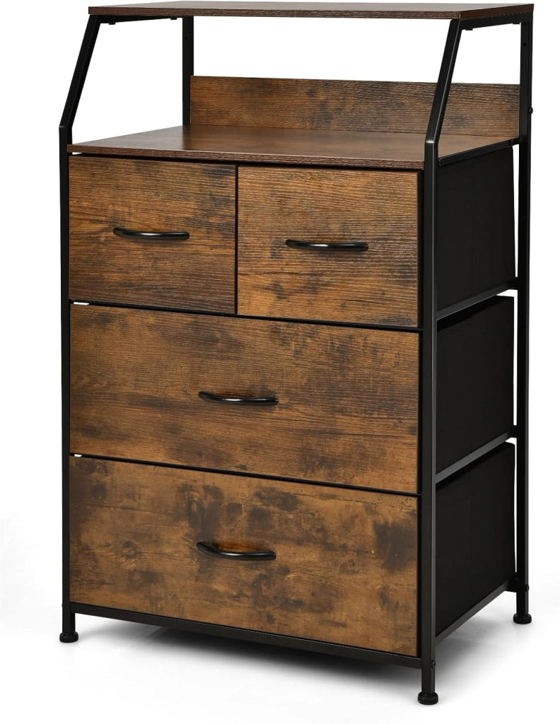 Cassettiera portaoggetti con 4 cassetti in tessuto e 2 ripiani aperti, dispositivo antiribaltamento, cassettiera per camera da letto, soggiorno, marrone