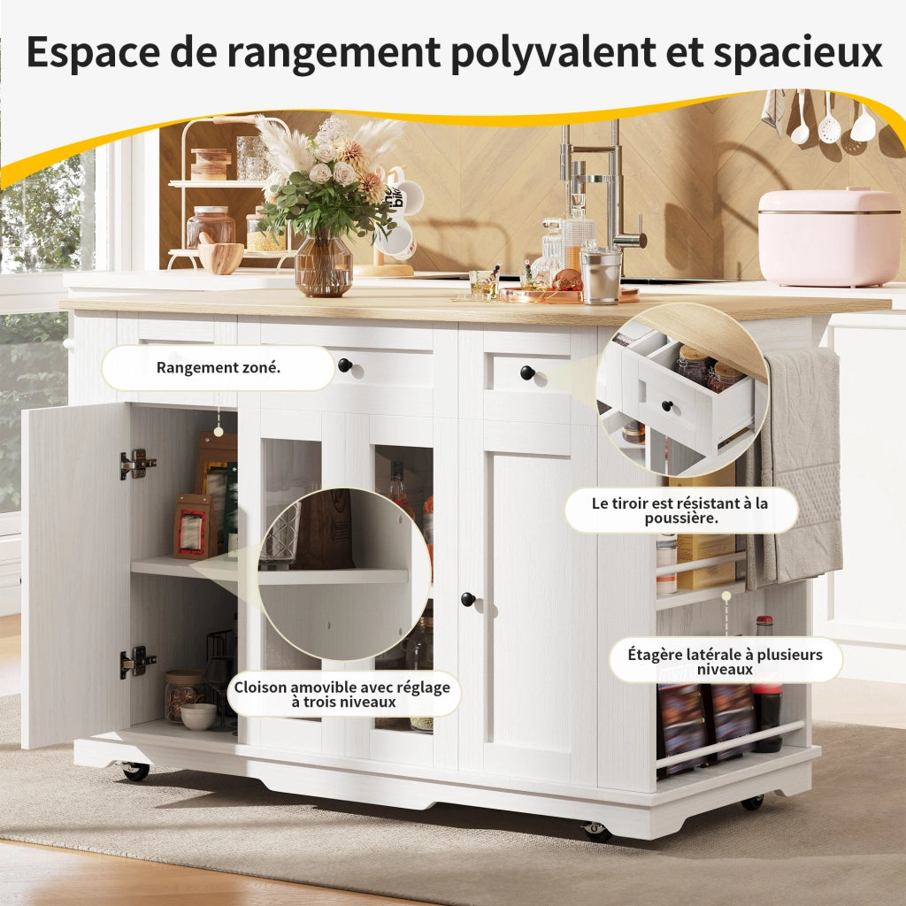 Carrello da Cucina con 1 Cassetto; Piano Ribaltabile; Vetro Temperato e Ripiani; in MDF; Bianco e Naturale