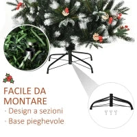 Albero di Natale Innevato 180cm con Bacche Rosse e Pigne Bianche, Base Rimovibile Pieghevole, 678 Rami, Verde