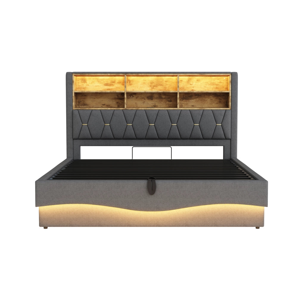 Letto Contenitore Imbottito con LED e USB ¨C MINIMAL ¨C Grigio, 180x200, Metallo