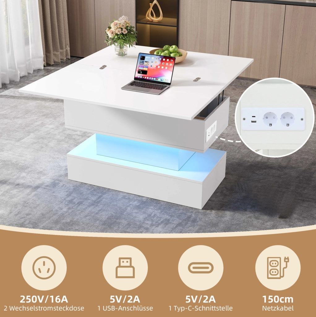 Tavolino da salotto sollevabile con contenitore e presa USB; 100 x 50 x 51;5 cm; bianco