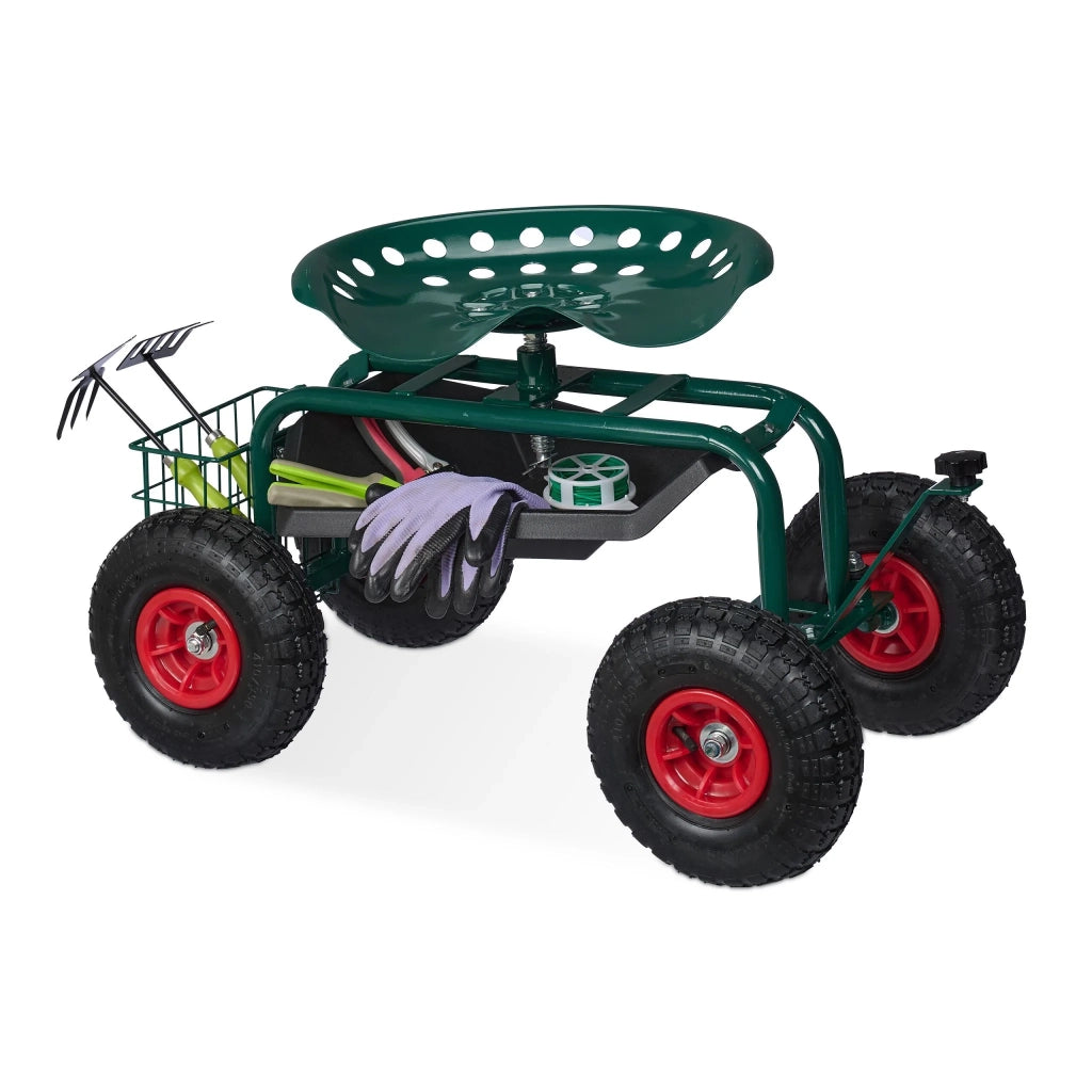 Sedia rotellante da giardino ergonomica regolabile 47 x 45 x 87 cm con pratico porta attrezzi in acciaio verde 13_0016015