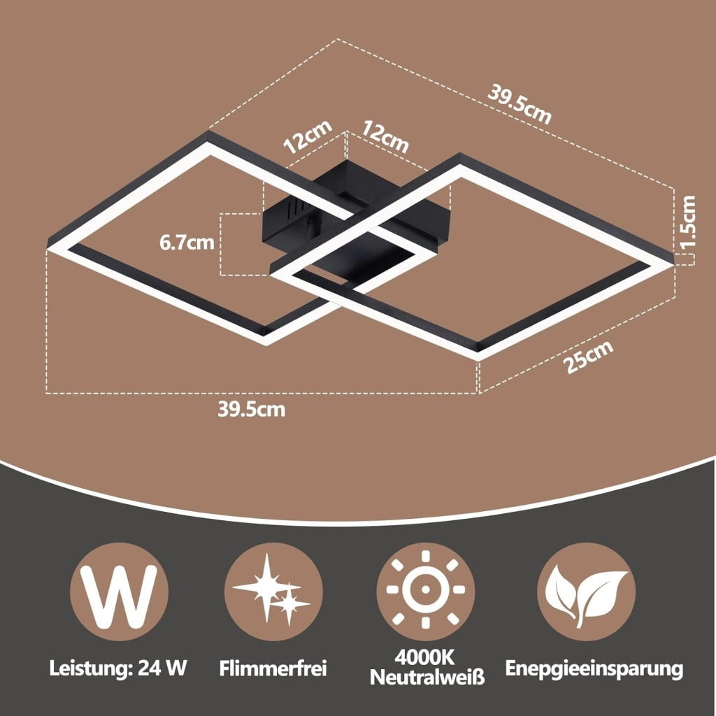ZMH Plafoniera LED nera 24W 4000K moderna plafoniera quadrata per soggiorno camera da letto corridoio o ufficio