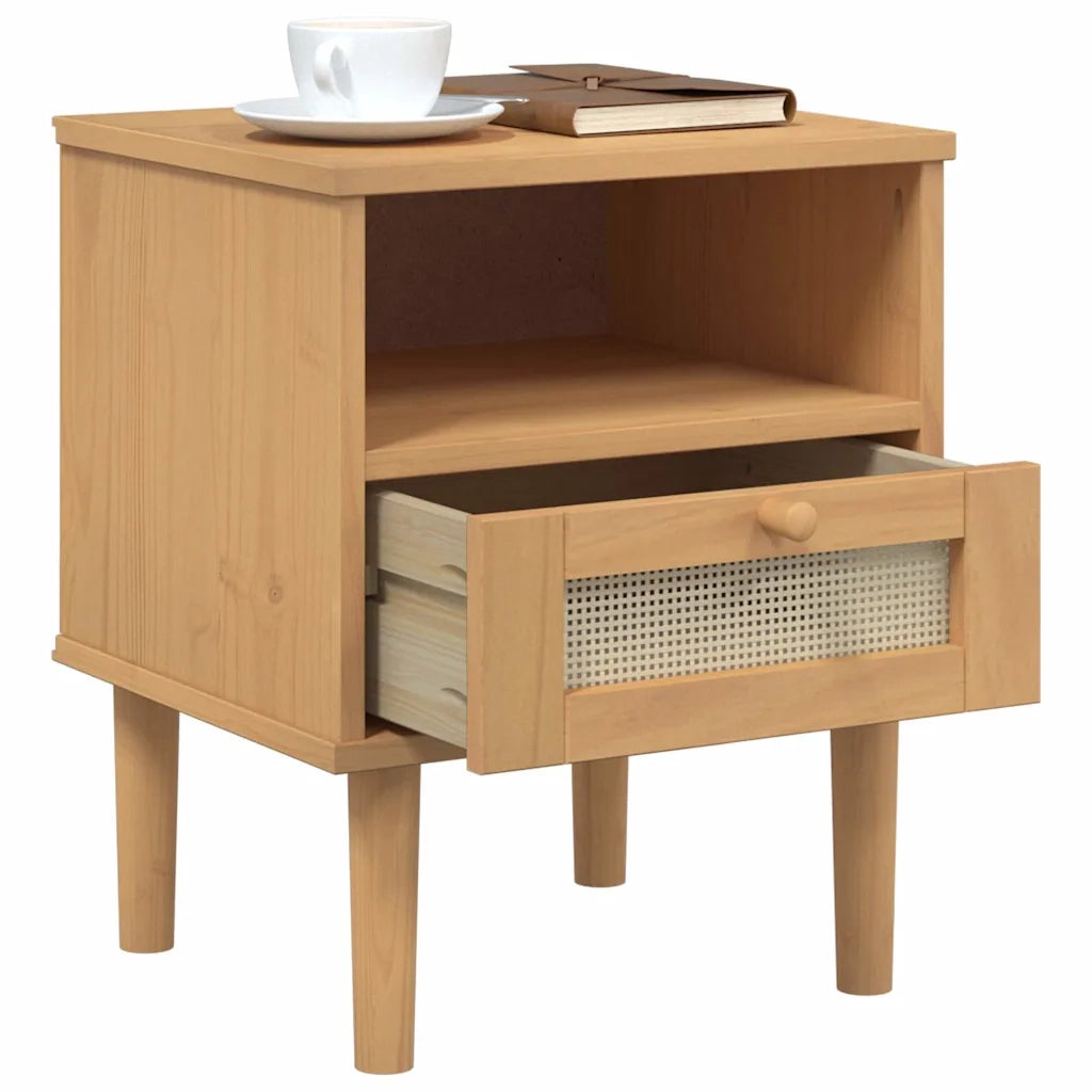 Comodino SENJA Marrone Aspetto Rattan 40x35x48 cm in Legno Pino 358010