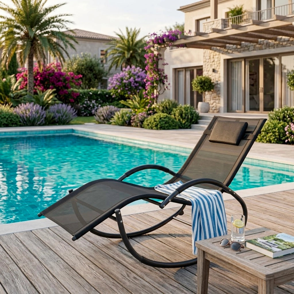 Sedia Basculante Da Giardino Ergonomica Con Poggiatesta Removibile In Textilene Traspirante Lettino Relax A Dondolo Per Piscina Terrazza Balcone Outdoor 155 x 61 x 88 Cm Nero