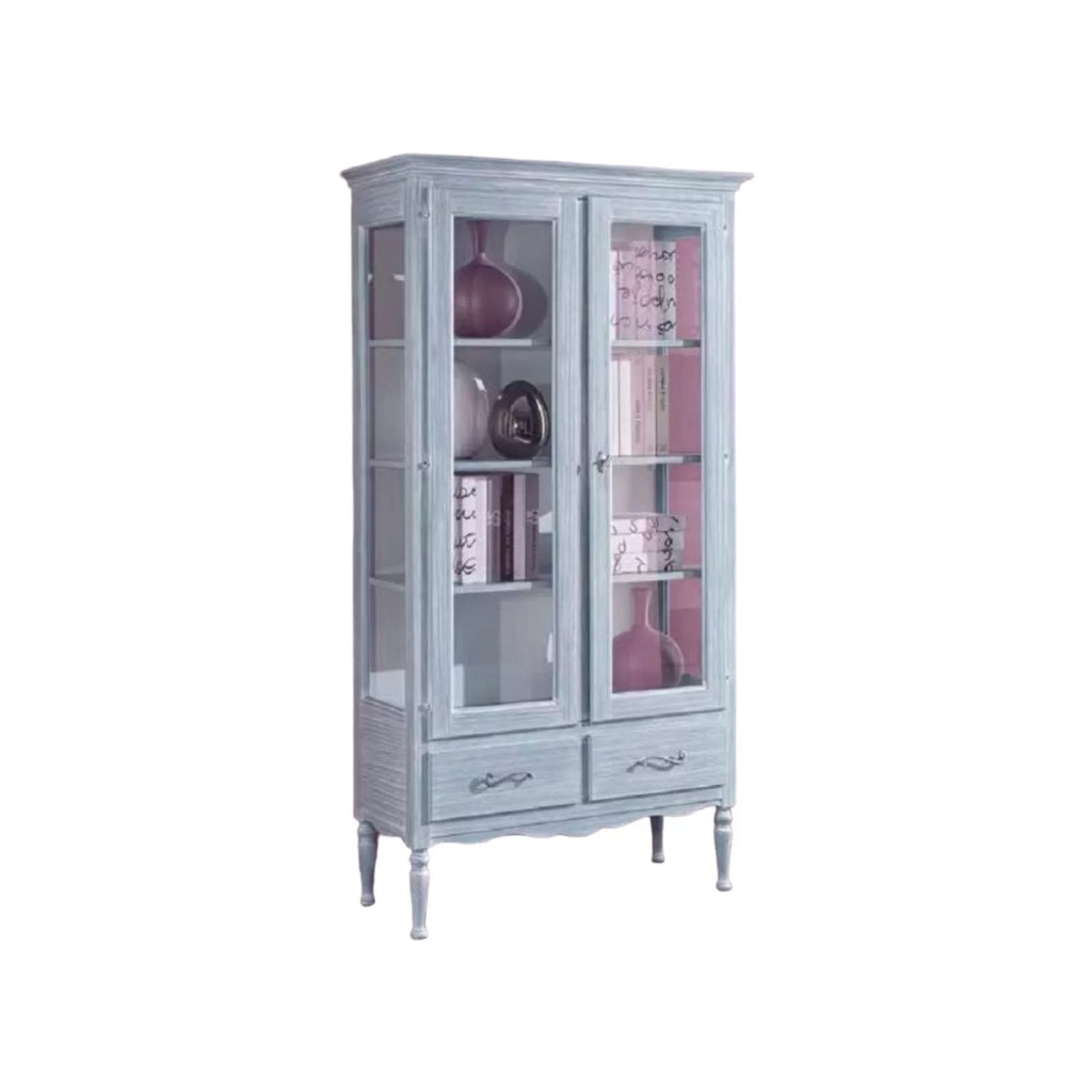 Vetrina 2 porte 2 cassetti in legno shabby azzurro l.102 p.42 h.191 - Mobili 2G
