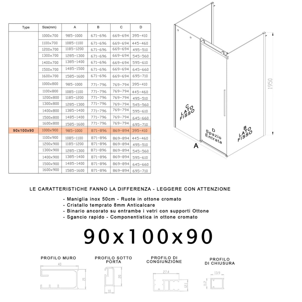 Box doccia tre lati porta scorrevole trasparente h195cm 8mm anticalcare euclide, misura 90x100x90