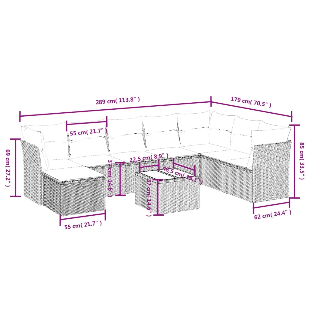 Set Divano da Giardino 9pz con Cuscini Grigio Chiaro Polyrattan 3263288