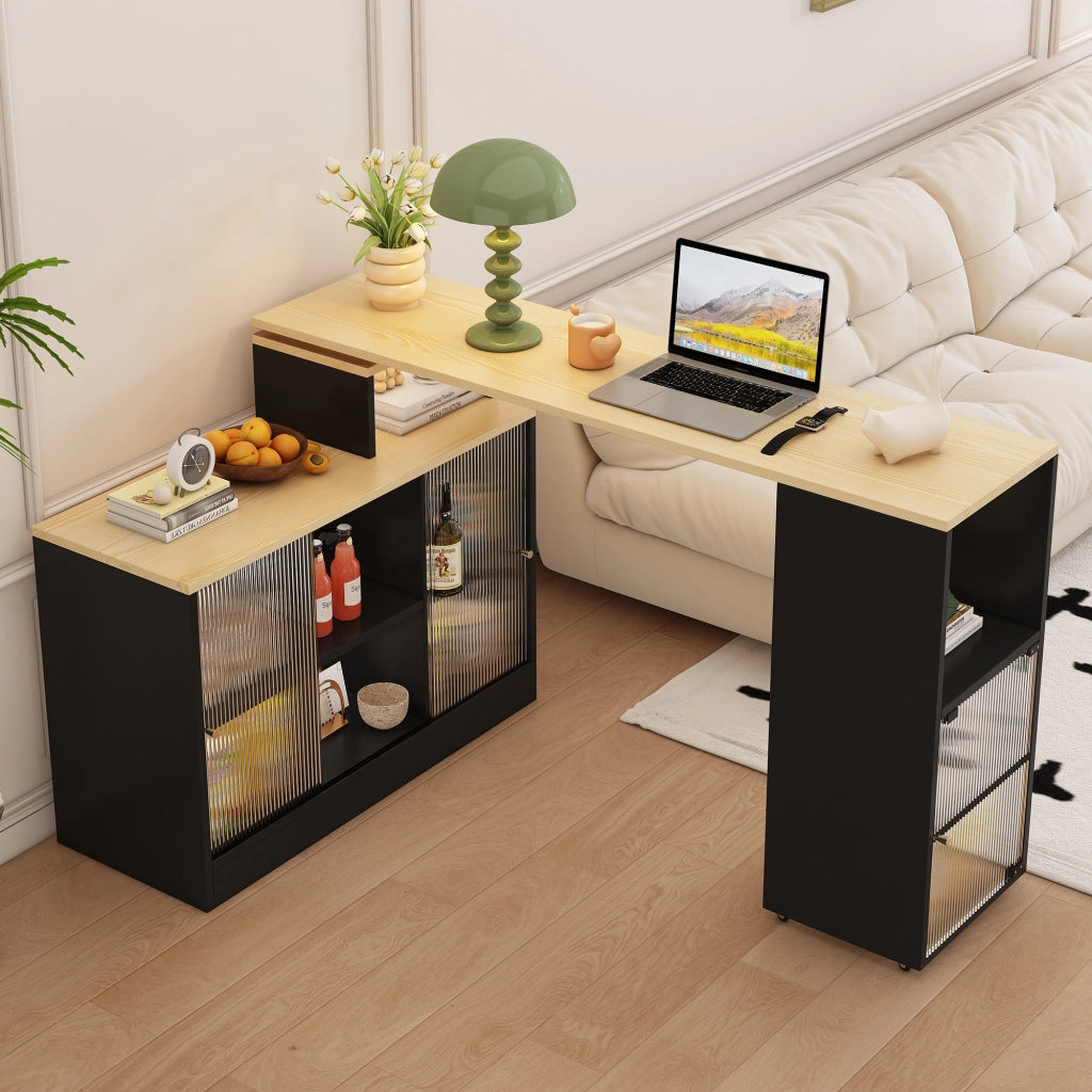 Tavolo bar allungabile nero con contenitore, mobile a 360° in MDF e vetro, salvaspazio