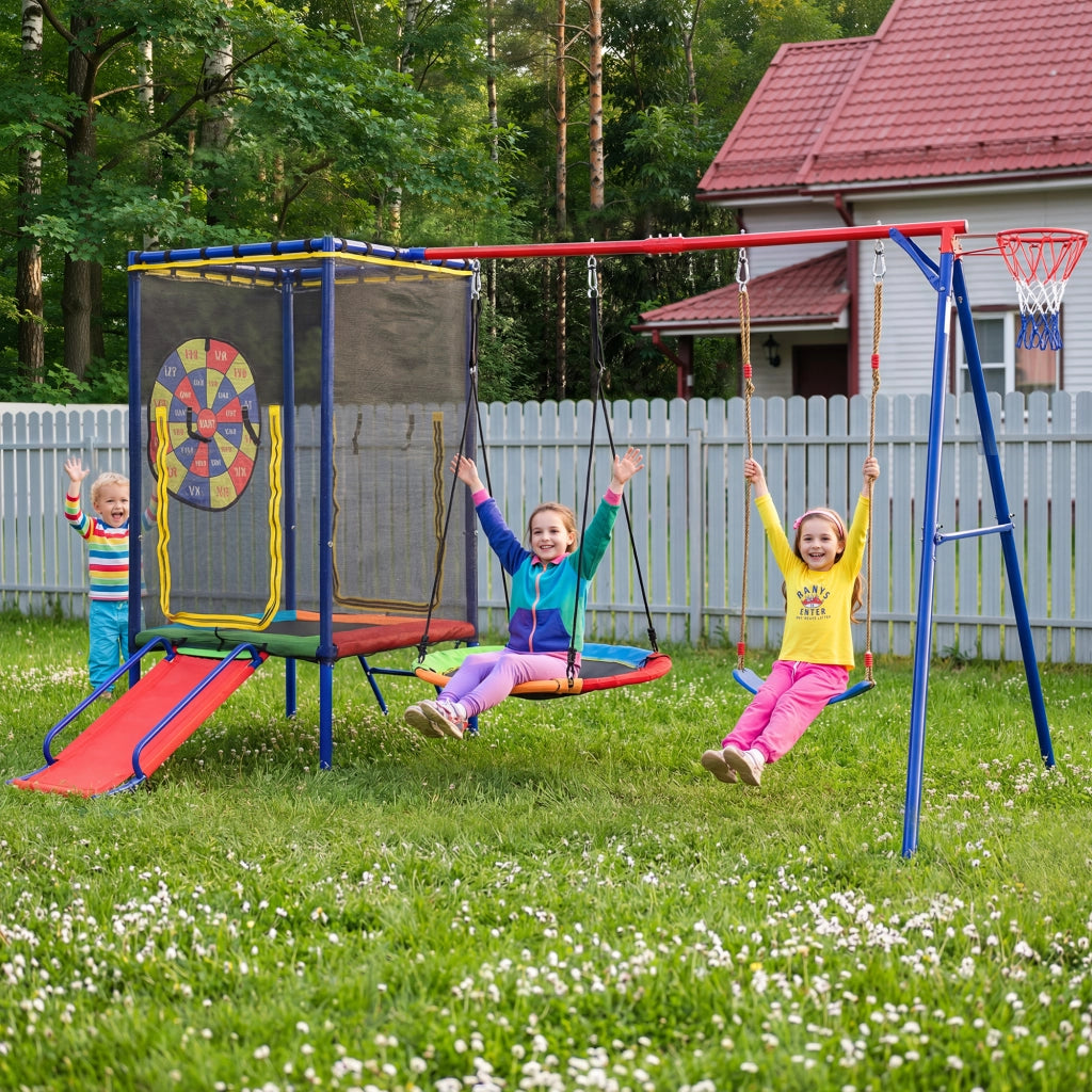 Area giochi con trampolino rete sicurezza scivolo doppia altalena e canestro in ferro multicolore 336 × 217 × 198 cm