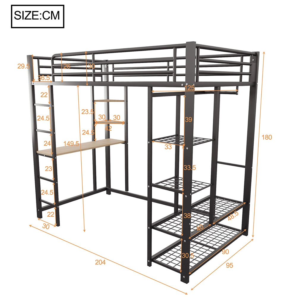 Letto a Castello Bambini – Xylo – 90x200cm Nero, con Scala, Tavolo Sospeso, Scomparti Ripostiglio