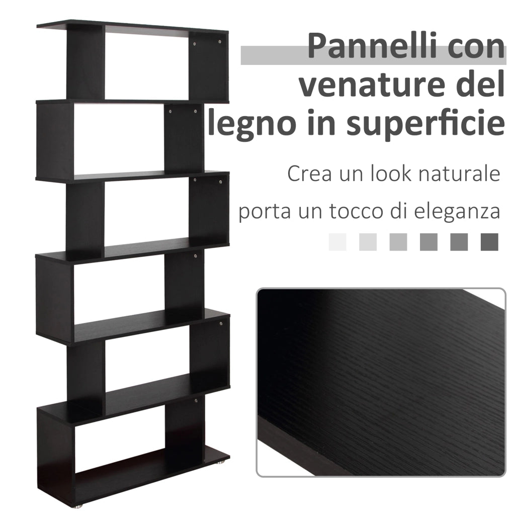 EasyComfort Libreria di Design, Libreria a Parete Nera, 6 Ripiani Scomposti, Struttura a Zig-Zag, Moderna, Resistente, in Legno, per Salotto e Ufficio, 80x24x191cm, Nero