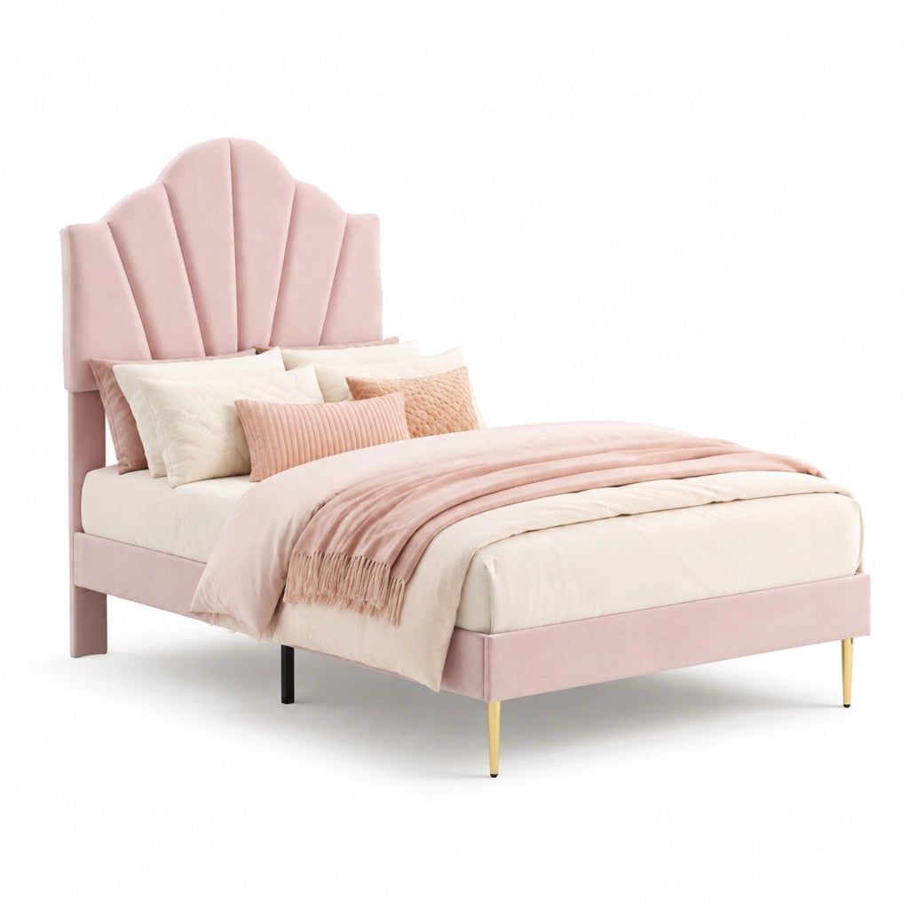 Letto imbottito in velluto rosa 90x200 cm con testiera regolabile, rete a doghe in legno e gambe in ferro dorato