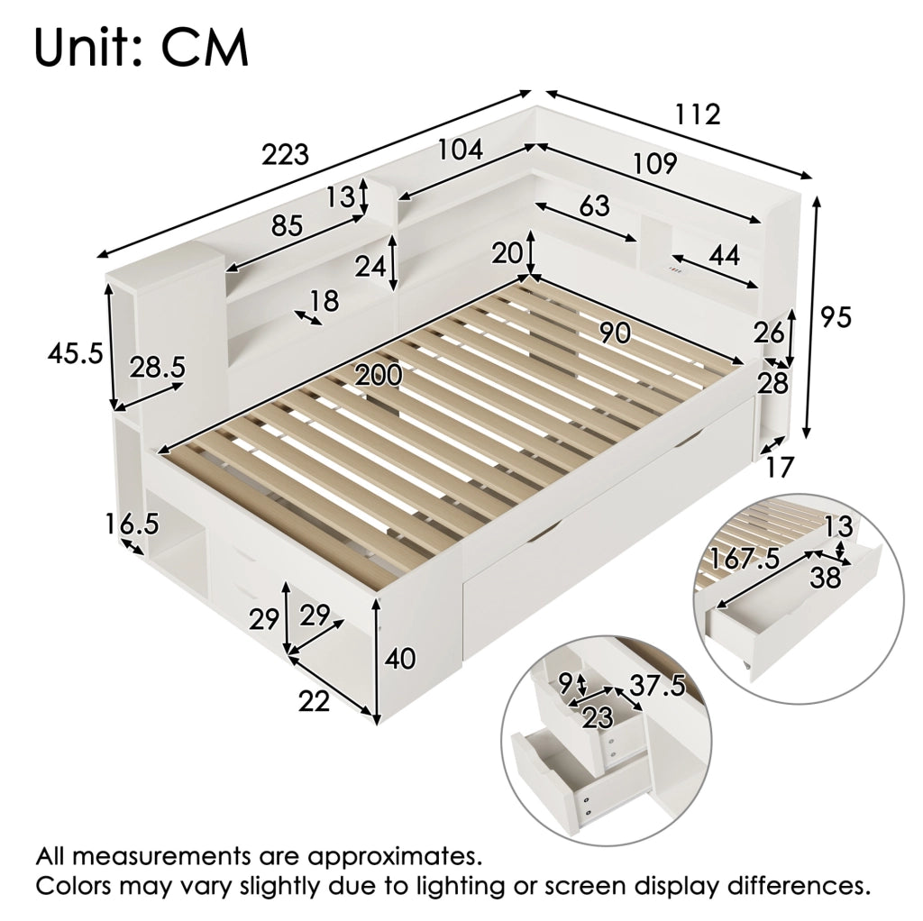 Letto singolo 90x200 cm con LED; USB e USB-C; cassetti e ripiani in MDF; bianco