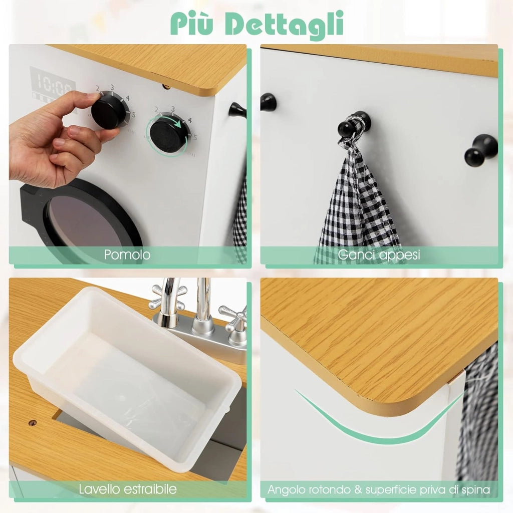 Cucina Giocattolo per Bambini, Cucina Legno per Bambini con Lavatrice, Macchina da Caffè, Forno, Microonde, Lavello e Rubinetto, Funzione Luci e Suoni, per Bambini 3+ Anni