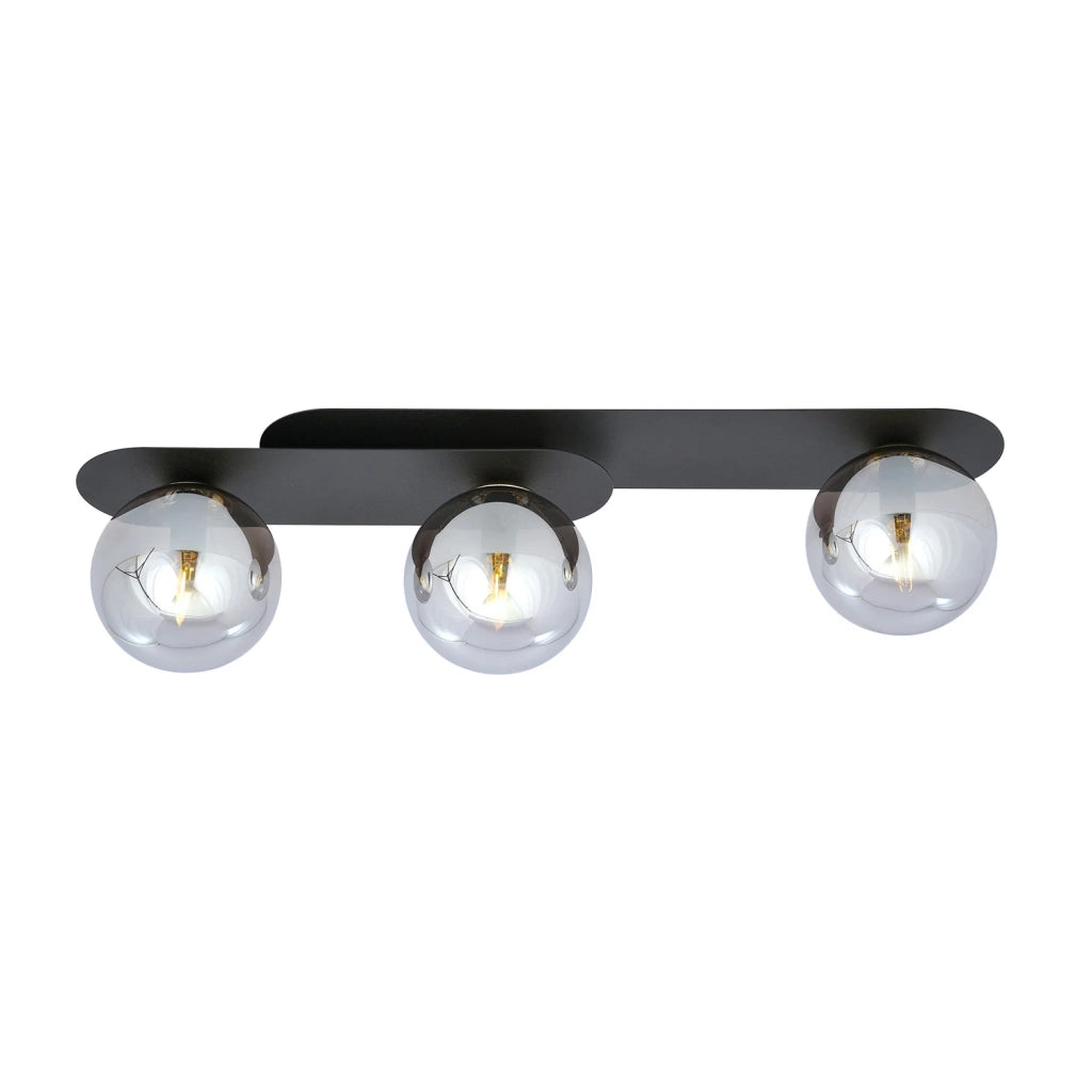 Plafoniera Minimal 3 Luci Teia In Acciaio Nero E Sfere Vetro Fumè