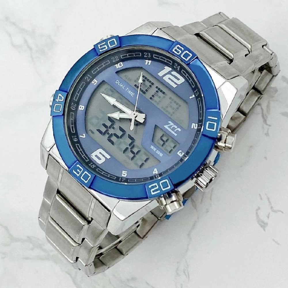 Trade Shop - Orologio Da Polso Zcc Uomo In Acciaio Dual Time Resistente All'acqua Silver Blu -