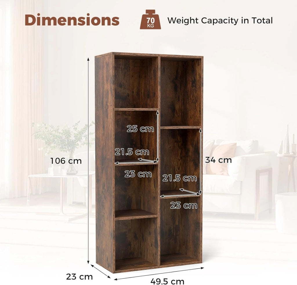 Libreria a 7 scomparti, scaffale orizzontale e verticale, scaffale a cubo in legno, libreria per soggiorno, camera da letto e ufficio, 49,5 x 23 x 106 cm (marrone)
