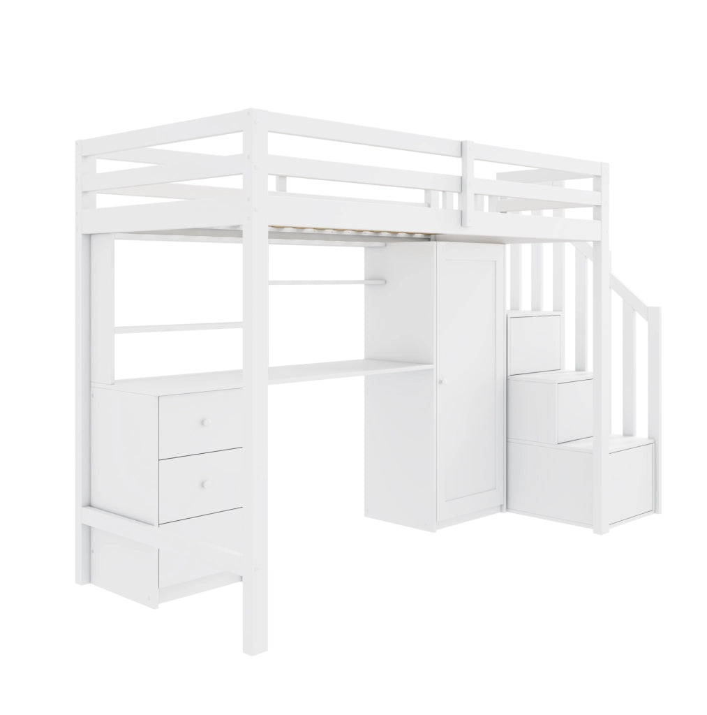 Letto a castello multifunzionale con scrivania e armadio 90x200 cm; bianco; in legno massello e MDF