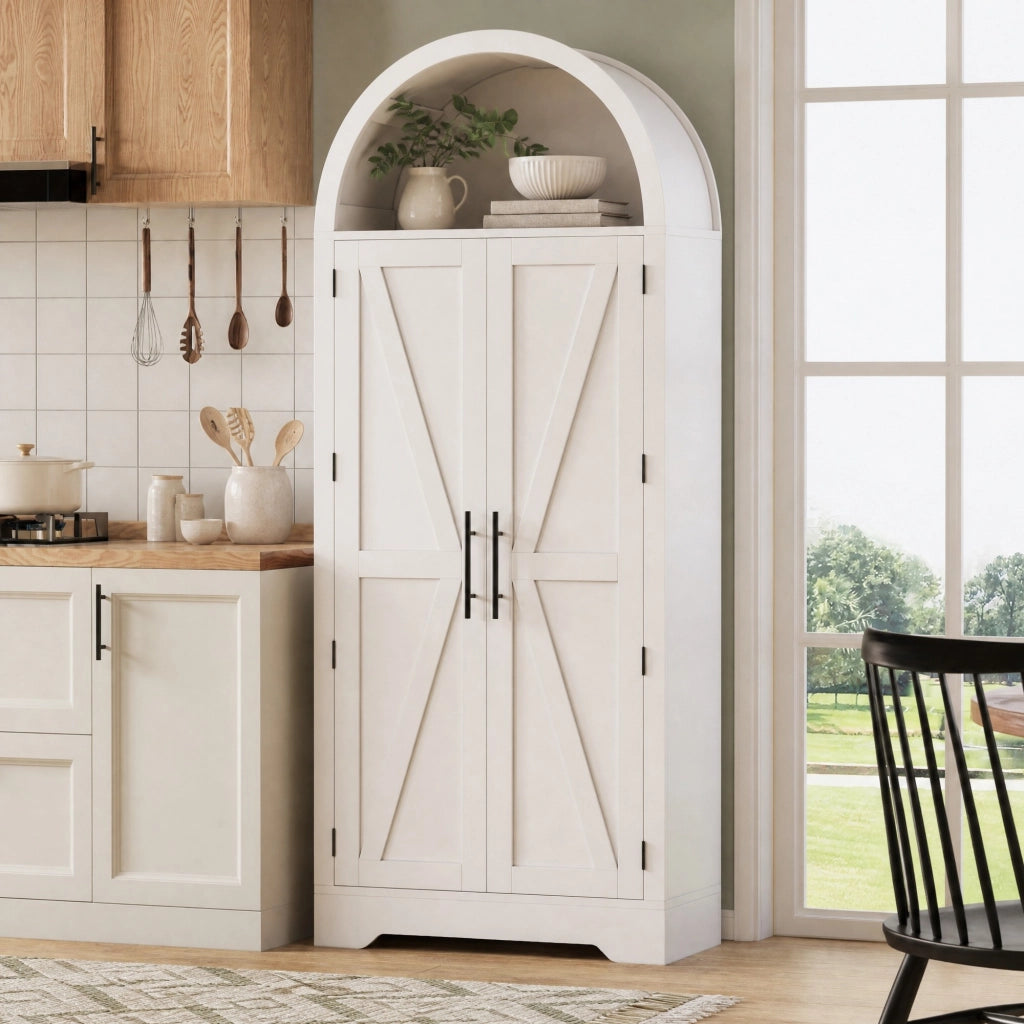 Credenza alta ad arco in MDF bianco, 75 x 35 x 170 cm, con ripiani regolabili e struttura salvaspazio