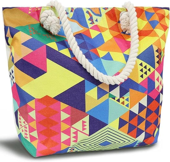 Borsa da spiaggia XXL per donne - con chiusura a zip e disegni geometrici - ideale per spiaggia, viaggi, piscina e shopping