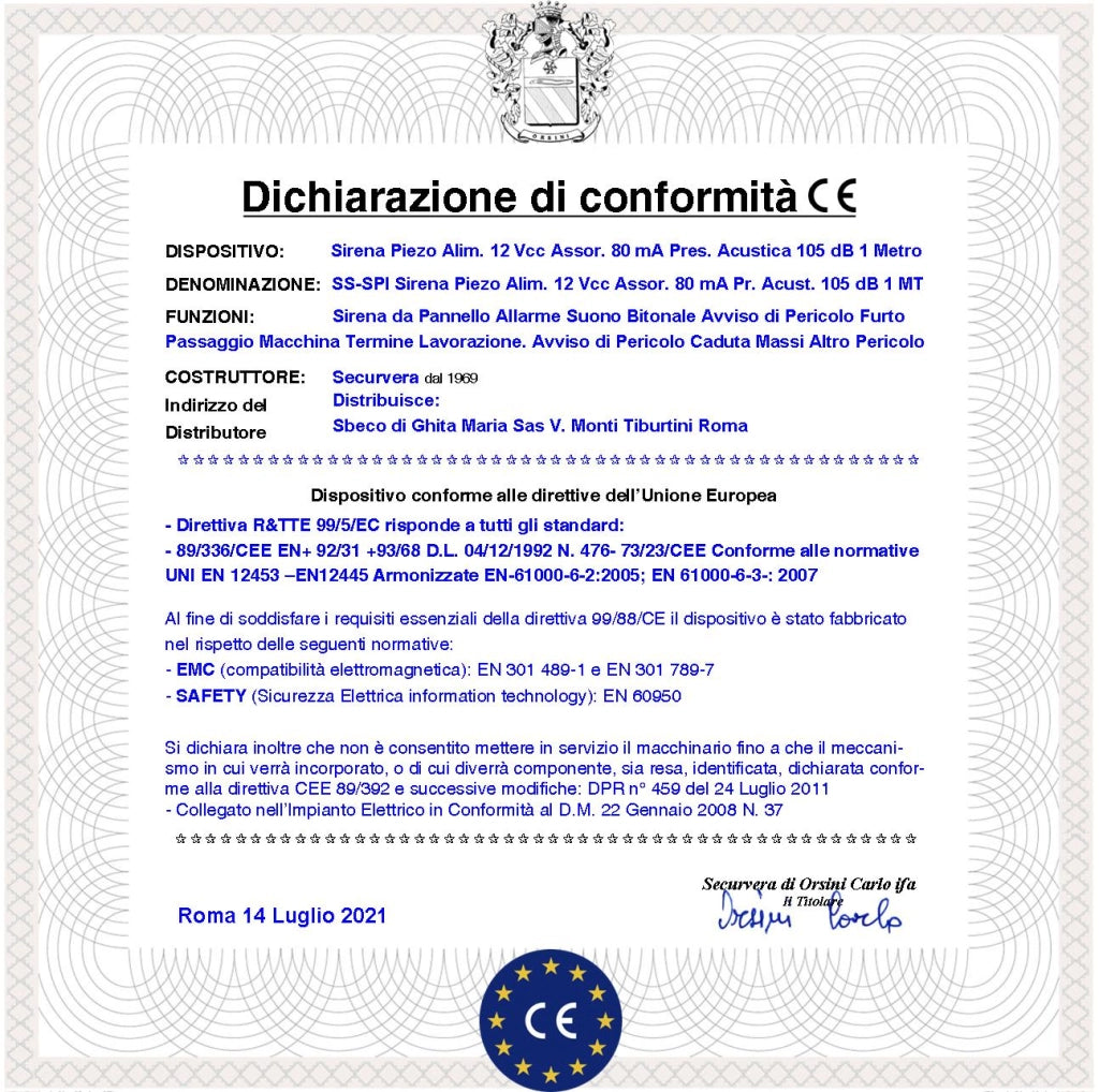 Sirena da Pannello Diffusore Piezo 15 Pezzi Acustica 105 dB Alimentazione 12 Vcc Morsetti Polarizzati Assorbimento 80 mA Melodia Bitonale A/B 1500 +/- 4000 Hz Fissaggio Circuito Tramite 4 Fori IP30