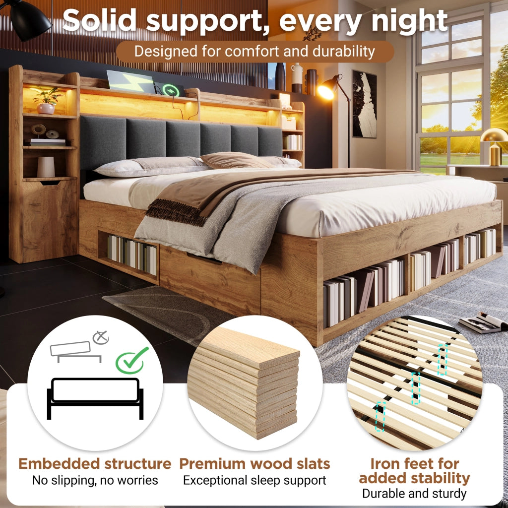Letto matrimoniale 180x200 cm con LED; USB e USB-C; cassetti e comodini mobili; rovere