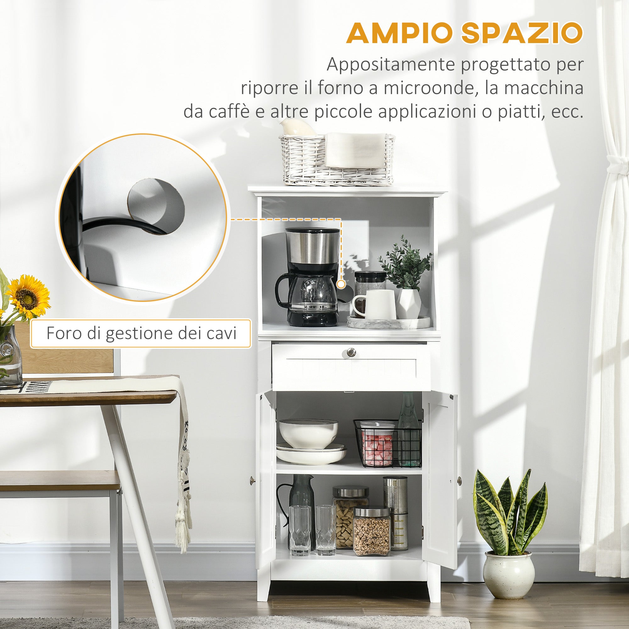 Mobile Cucina per Microonde 60x40x122,5 cm con Cassetto e Armadietto 2 Ante in MDF Bianco