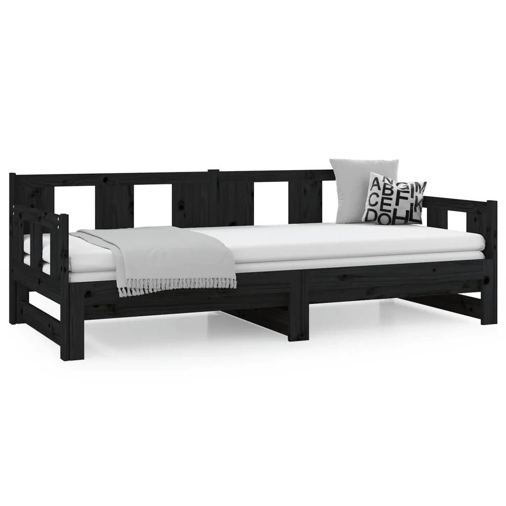 Letto singolo | Letto per adulti | Dormeuse Estraibile Nera in Legno Massello di Pino 2x(80x200)cm