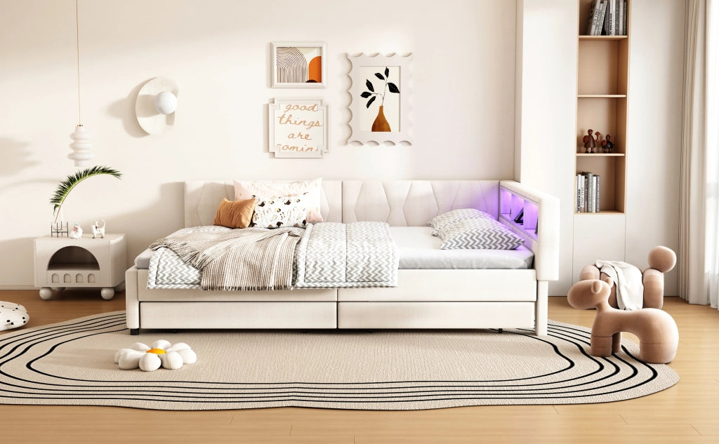 DESMIU Letto divano 140 × 200 cm 2 posti con LED regolabile, USB, Type-C, 2 cassetti, senza materasso, lino beige