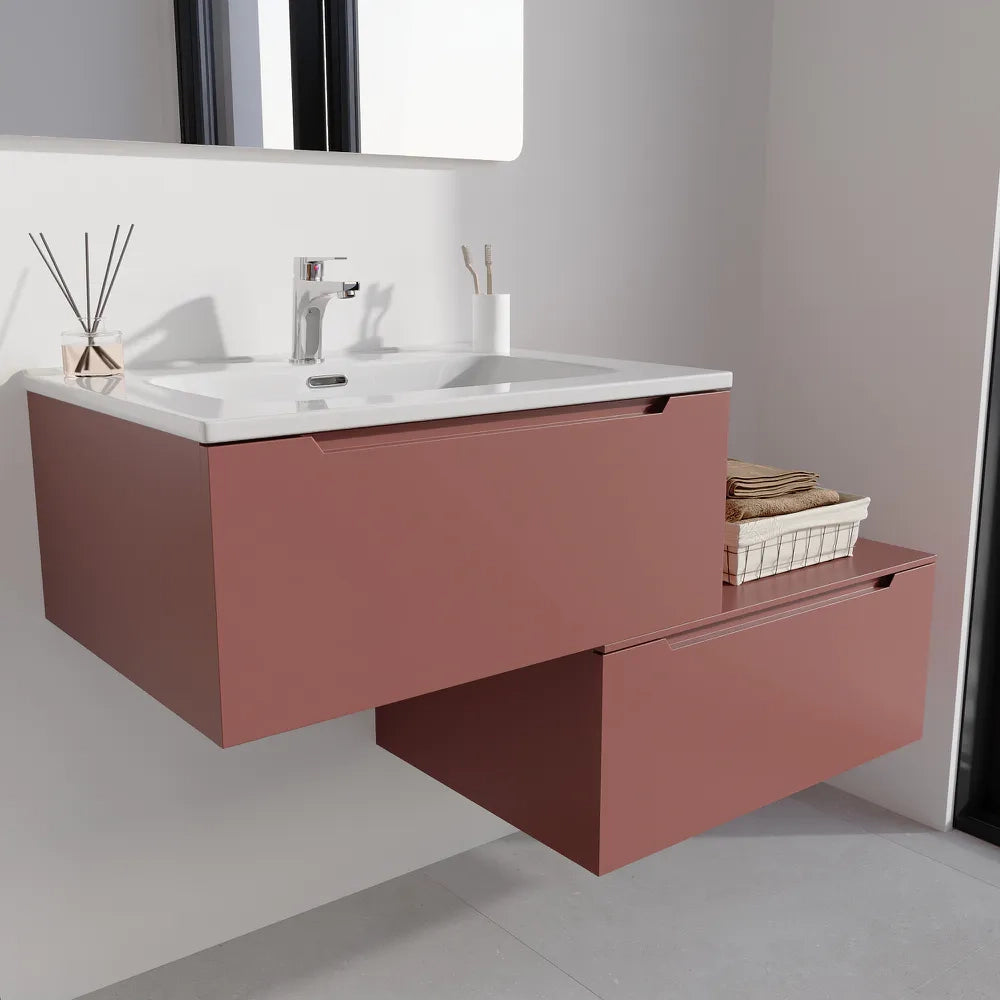 Mobile bagno sospeso modulare 80 cm terracotta opaco due cassetti con lavabo | Bako