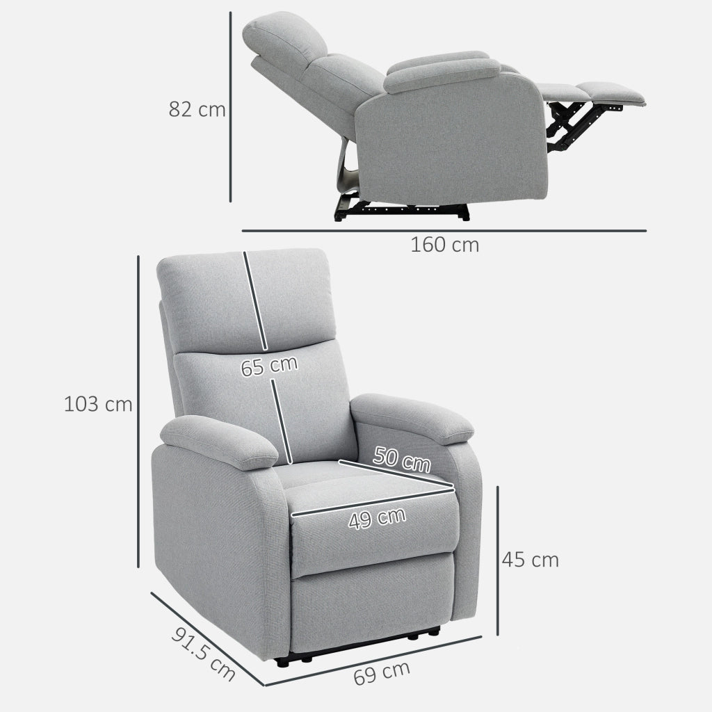 Poltrona Relax TV con funzione reclinabile, tessuto effetto lino, portata 150 kg, grigia