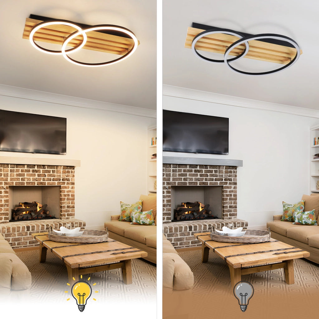 ZMH Lampada da soffitto LED in legno dimmerabile 55 cm 36W 2 anelli design geometrico telecomando per camera letto