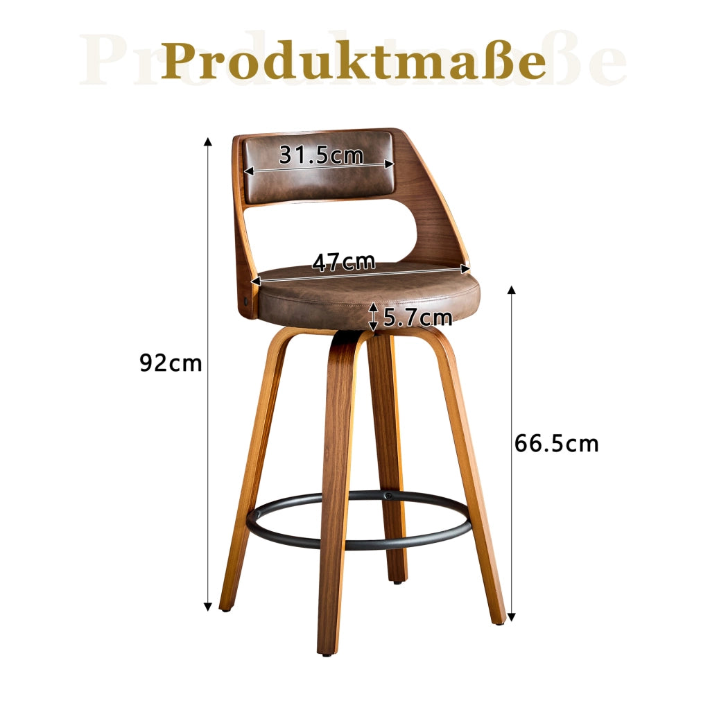 Sgabello da bar 2 pezzi con schienale in legno e rivestimento in PU, stile retrò per cucina e isola marrone
