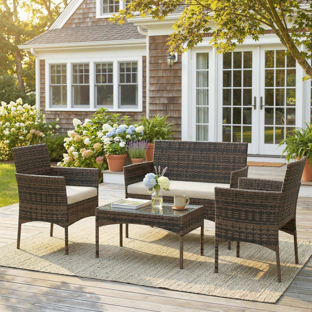 Set giardino in polyrattan con divano, poltrone e tavolino vetro ¨C zephmum ¨C marrone