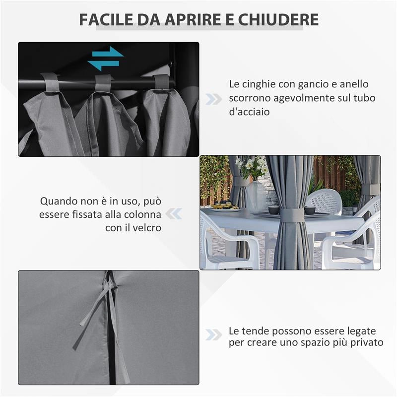 GAZEBO 3X4 M CON 6 PARETI RIMOVIBILI, 8 FORI DI DRENAGGIO E 12 PICCHETTI, IN ACCIAIO E POLIESTERE, GRIGIO E NERO