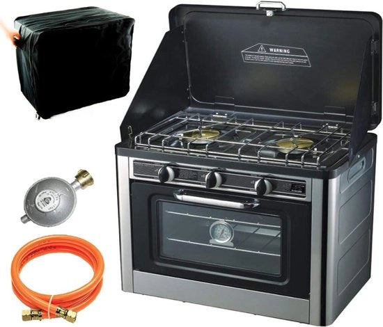 Fornello a Gas con Forno Stazionario - Mini Forno Incluso Regolatore di Gassling e Tasca Portatile - Fornello a Gas Portatile 2 Fuochi per Camping o Giardino di Corte